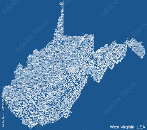 Topographic technical drawing relief map of the Federal State of West Virginia, USA with white contour lines on blue background