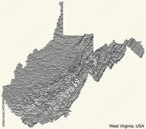 Topographic relief map of the Federal State of West Virginia, USA with black contour lines on beige background
