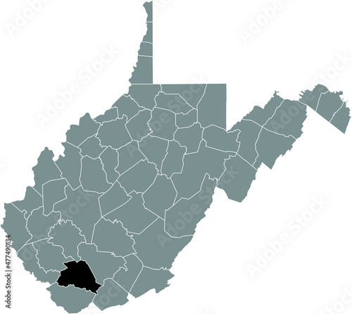 Black highlighted location map of the Wyoming County inside gray administrative map of the Federal State of West Virginia, USA