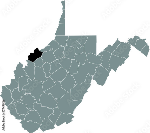 Black highlighted location map of the Wood County inside gray administrative map of the Federal State of West Virginia, USA