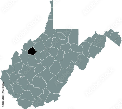 Black highlighted location map of the Wirt County inside gray administrative map of the Federal State of West Virginia, USA