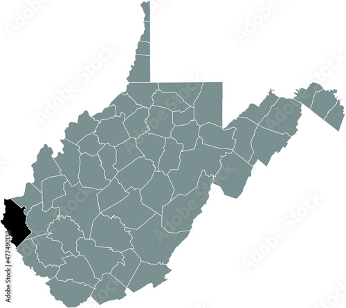 Black highlighted location map of the Wayne County inside gray administrative map of the Federal State of West Virginia, USA