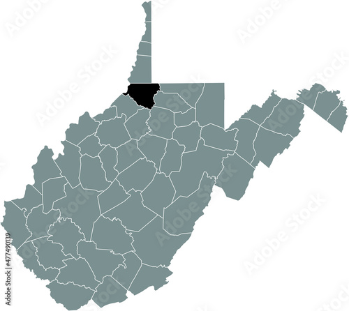 Black highlighted location map of the Wetzel County inside gray administrative map of the Federal State of West Virginia, USA