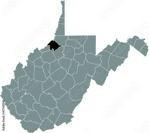 Black highlighted location map of the Tyler County inside gray administrative map of the Federal State of West Virginia, USA