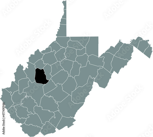 Black highlighted location map of the Roane County inside gray administrative map of the Federal State of West Virginia, USA