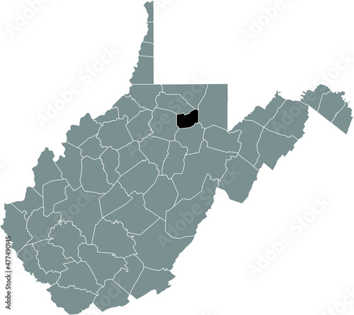 Black highlighted location map of the Taylor County inside gray administrative map of the Federal State of West Virginia, USA