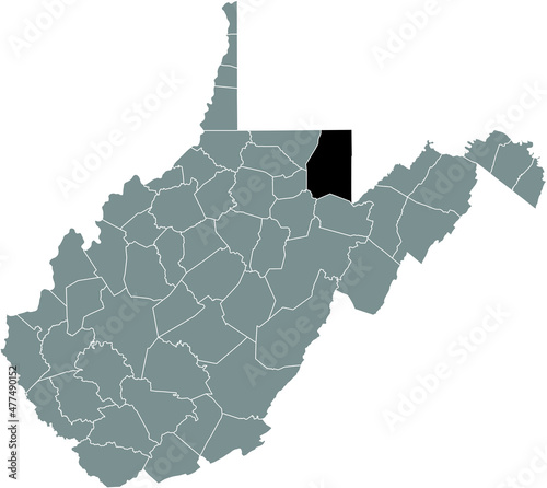 Black highlighted location map of the Preston County inside gray administrative map of the Federal State of West Virginia, USA