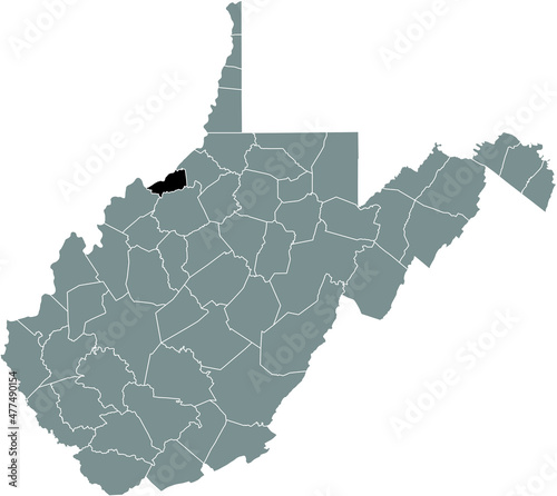 Black highlighted location map of the Pleasants County inside gray administrative map of the Federal State of West Virginia, USA