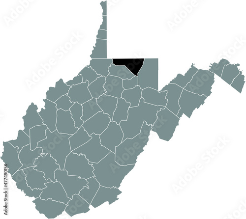 Black highlighted location map of the Monongalia County inside gray administrative map of the Federal State of West Virginia, USA