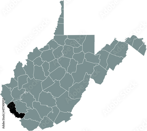 Black highlighted location map of the Mingo County inside gray administrative map of the Federal State of West Virginia, USA