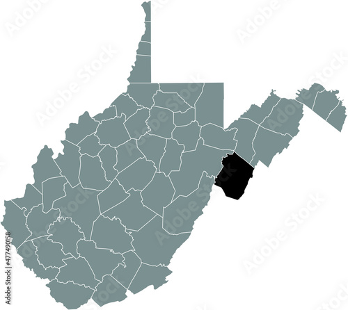 Black highlighted location map of the Pendleton County inside gray administrative map of the Federal State of West Virginia, USA