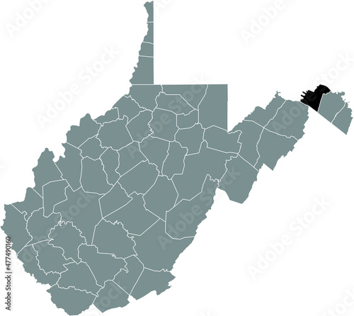 Black highlighted location map of the Morgan County inside gray administrative map of the Federal State of West Virginia, USA