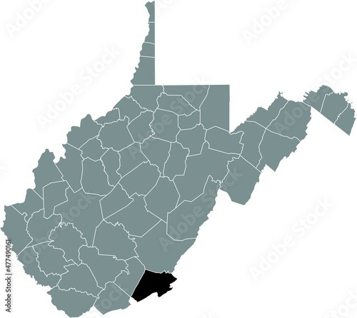 Black highlighted location map of the Monroe County inside gray administrative map of the Federal State of West Virginia, USA