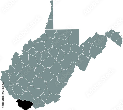 Black highlighted location map of the McDowell County inside gray administrative map of the Federal State of West Virginia, USA