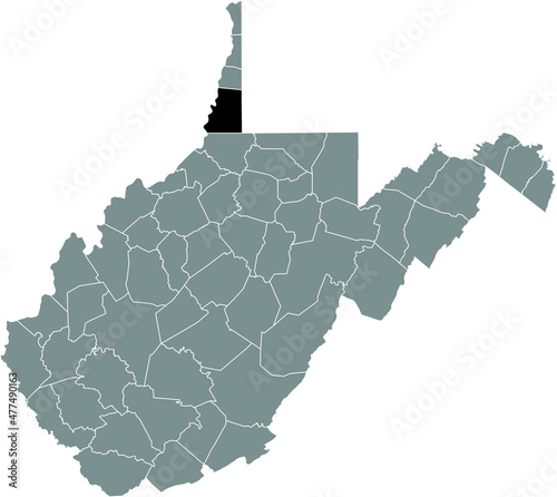 Black highlighted location map of the Marshall County inside gray administrative map of the Federal State of West Virginia, USA