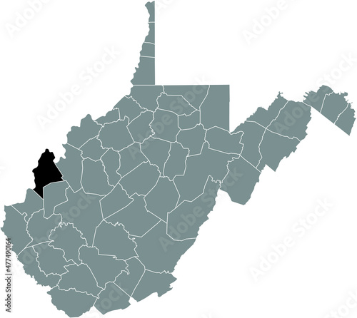 Black highlighted location map of the Mason County inside gray administrative map of the Federal State of West Virginia, USA