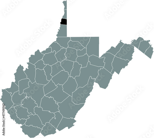 Black highlighted location map of the Ohio County inside gray administrative map of the Federal State of West Virginia, USA