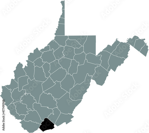 Black highlighted location map of the Mercer County inside gray administrative map of the Federal State of West Virginia, USA
