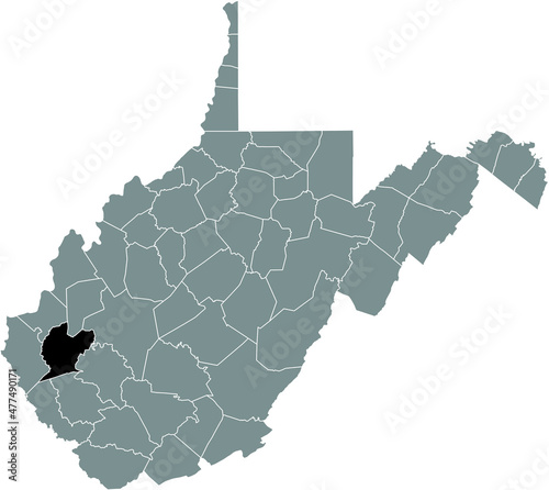 Black highlighted location map of the Lincoln County inside gray administrative map of the Federal State of West Virginia, USA