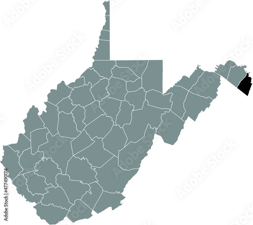 Black highlighted location map of the Jefferson County inside gray administrative map of the Federal State of West Virginia, USA