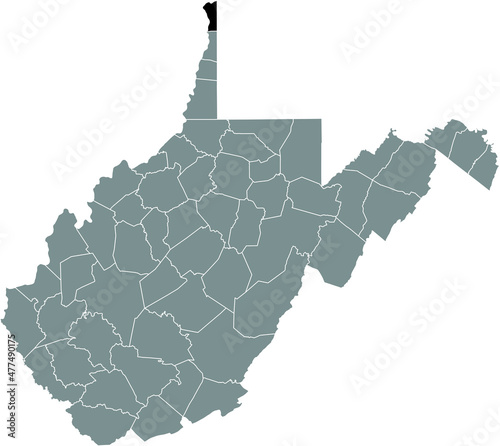 Black highlighted location map of the Hancock County inside gray administrative map of the Federal State of West Virginia, USA