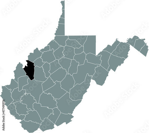 Black highlighted location map of the Jackson County inside gray administrative map of the Federal State of West Virginia, USA