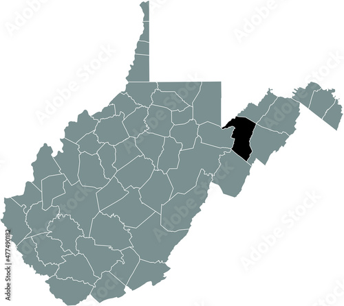 Black highlighted location map of the Grant County inside gray administrative map of the Federal State of West Virginia, USA