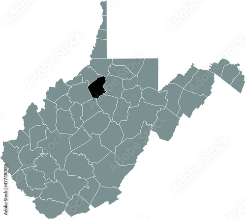 Black highlighted location map of the Doddridge County inside gray administrative map of the Federal State of West Virginia, USA