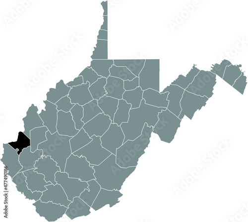 Black highlighted location map of the Cabell County inside gray administrative map of the Federal State of West Virginia, USA