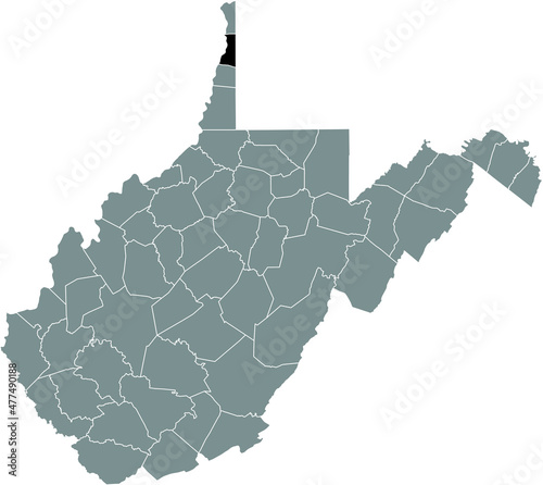 Black highlighted location map of the Brooke County inside gray administrative map of the Federal State of West Virginia, USA