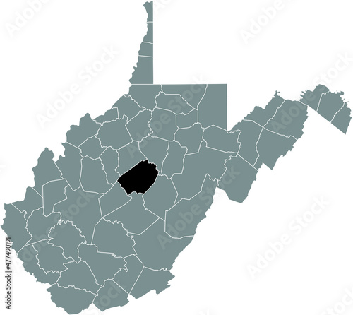 Black highlighted location map of the Braxton County inside gray administrative map of the Federal State of West Virginia, USA