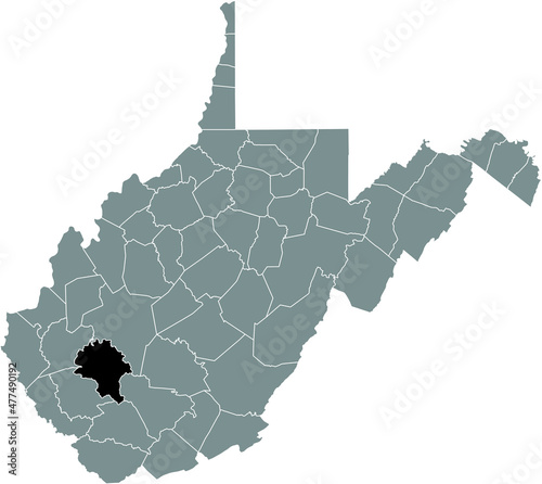 Black highlighted location map of the Boone County inside gray administrative map of the Federal State of West Virginia, USA