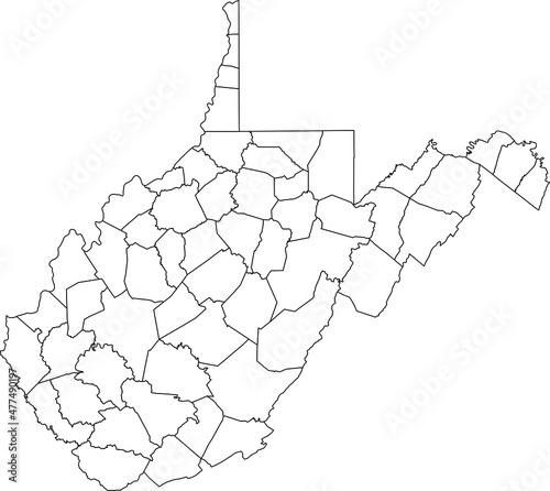 White blank vector administrative map of the Federal State of West Virginia, USA with black borders of its counties