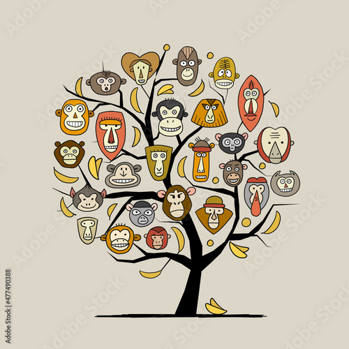 Monkey family tree. Sketch for your design. Childish style