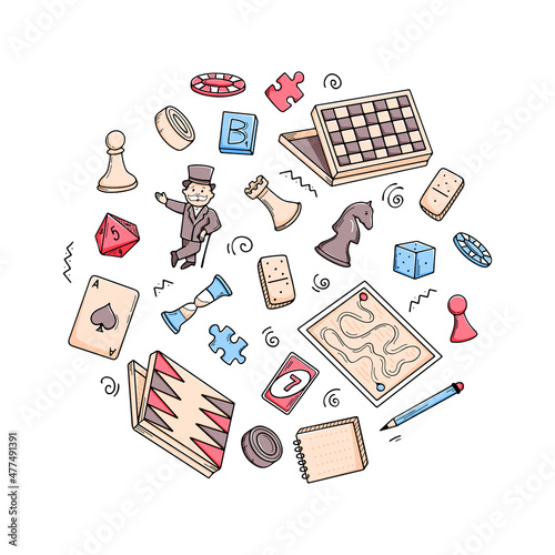 Board games set. Collection of doodle elements - chess, checkers, playing cards, backgammon, puzzles. Vector hand drawn illustration