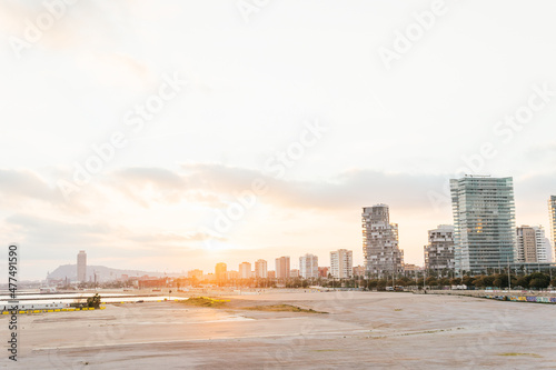 Landscape of modern megapolis district with skyscrapers at sunset
