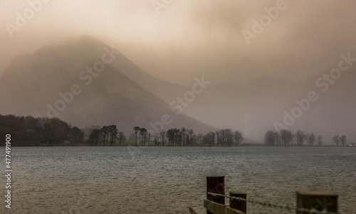 A day of heavy rain in Buttermere in the English Lake District, with the surrounding fells covered by mist and low clouds