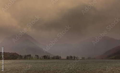 A day of heavy rain in Buttermere in the English Lake District, with the surrounding fells covered by mist and low clouds