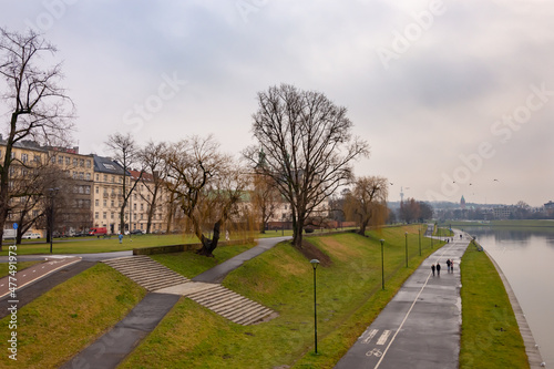 Beautiful view of Vistula river quay in Krakow, Poland
