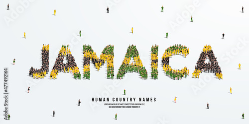 A large group of people stands, making up the word Jamaica. Jamaica flag made from people crowd. Vector illustration isolated on white background.