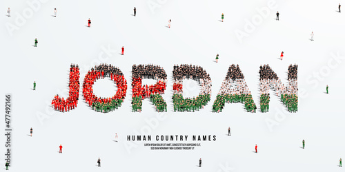 A large group of people stands, making up the word Jordan. Jordan flag made from people crowd. Vector illustration isolated on white background.