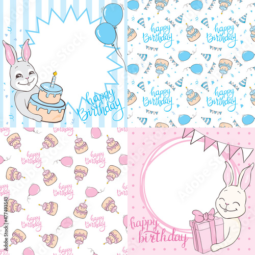 Set of baby shower invitation with cartoon horse, rabbit, helium balloons, flowers and clouds on blue and pink background. It's a boy. It's a girl.