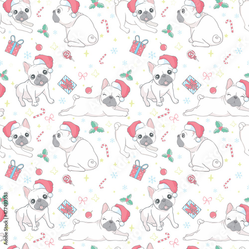 Fototapeta Naklejka Na Ścianę i Meble -  Dog seamless pattern Christmas. French bulldog Santa Claus Xmas hat