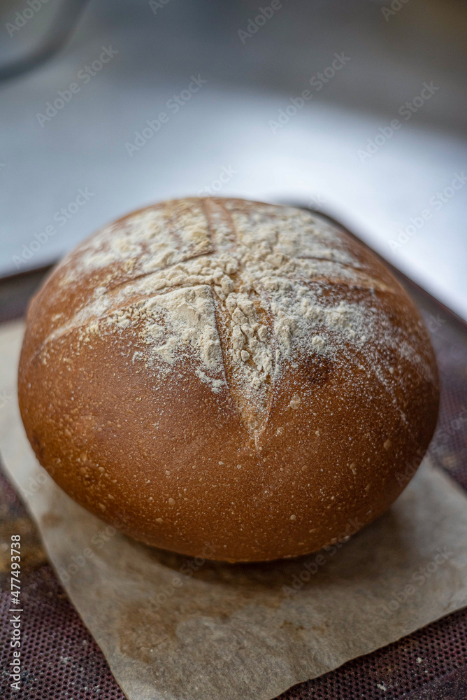 Freshly baked crunchy round bread