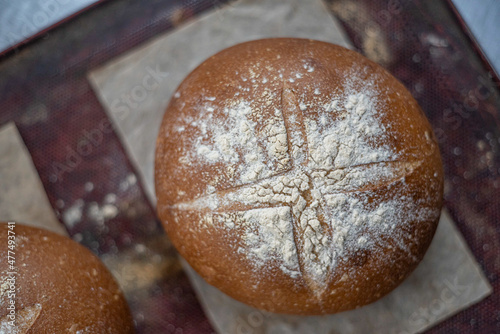 Freshly baked crunchy round bread