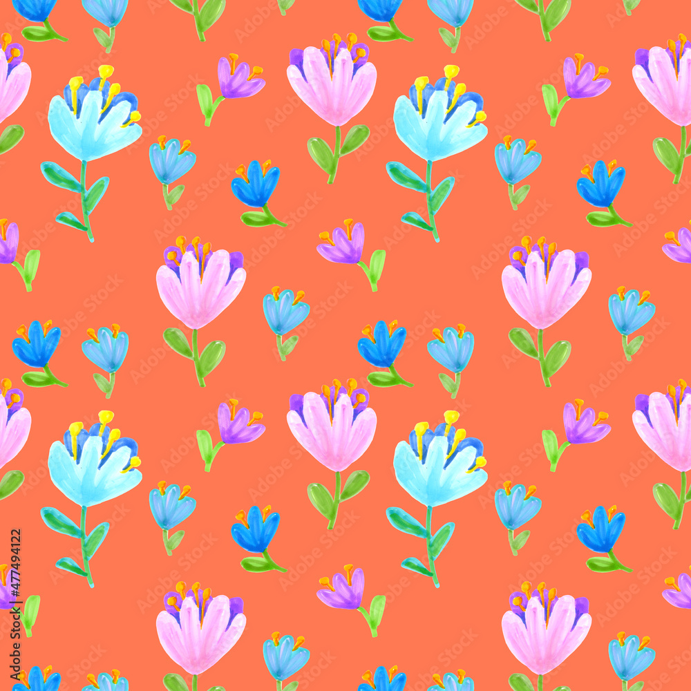 Seamless pattern of flowers drawn with markers on a orange background. For fabric, sketchbook, wallpaper, wrapping paper. Seamless pattern of flowers drawn with markers on a orange background. For fabric, sketchbook, wallpaper, wrapping paper.