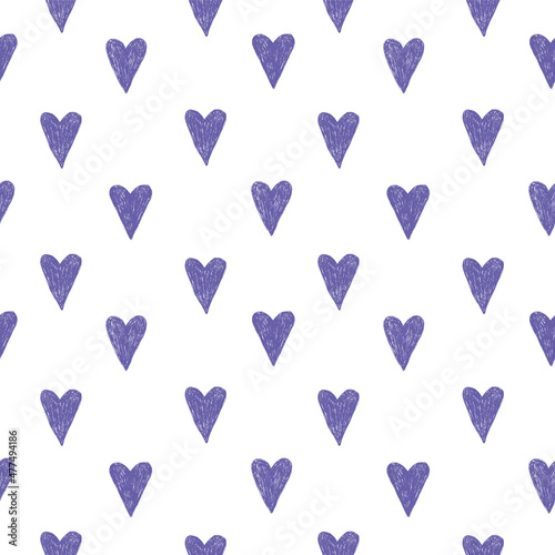 Seamless pattern of cute Very Peri hearts on white background. For fabric, sketchbook, wallpaper, wrapping paper, print, your design.