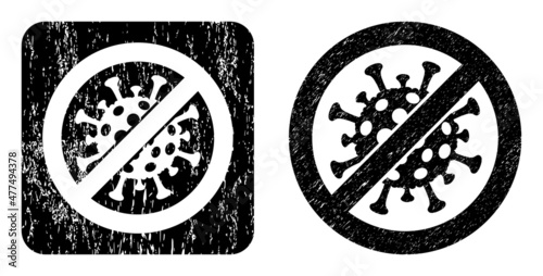 Vector stop covid-19 virus stencil icon. Grunge stop covid-19 virus seal stamp, done with icon and rounded square. Rounded square stamp seal contain stop covid-19 virus carving inside.