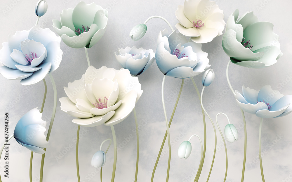 3d wallpaper jewelry colorful flowers with branches on marble background - obrazy, fototapety, plakaty 