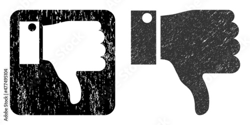 Vector thumb down subtracted icon. Grunge thumb down seal, done with icon and rounded square. Rounded square seal include thumb down subtracted shape inside. Vector thumb down rubber images.